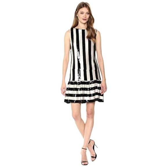 Betsey Johnson Dresses & Skirts - Betsey Johnson Black & Ivory Striped Sequin Ruffle Hem Mini Dress. Size 2. #630